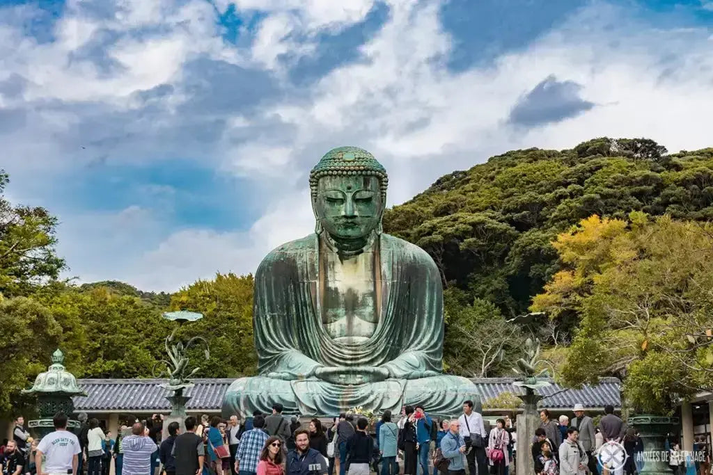 Bronze Great Buddha statue at Kotoku-in Temple in Kamakura, Japan, standing tall at 11.3 meters amidst a serene outdoor setting surrounded by lush greenery.